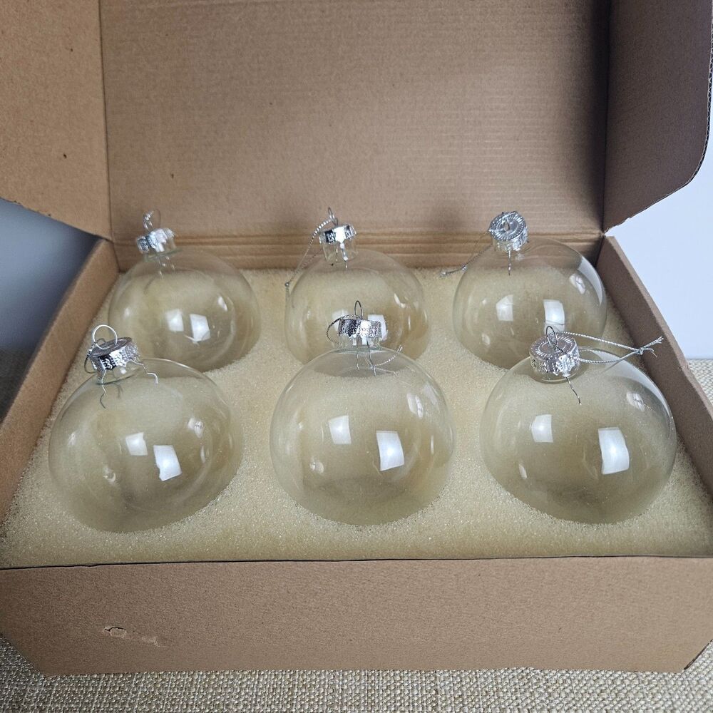 6 Clear Glass Fillable Christmas Ball Ornaments 3.2" Craft DIY Decor